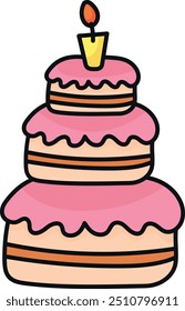 Hand-drawn vector illustration of a three-tiered pink birthday cake with a single yellow candle on top.