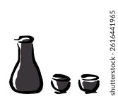 Hand-drawn vector illustration of a Tokkuri and two booze cups with a brush touch. The color is gray.