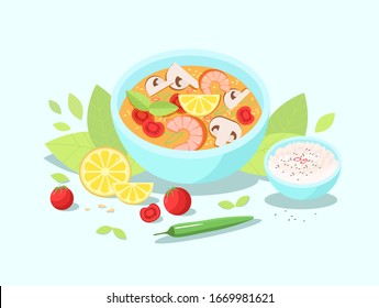 Dibujo vectorial hecho a mano de un Tom Yum Kung.Diseño vectorial de sopa picante tailandés en fondo azul claro.Tom Yum, un plato de arroz, champiñones, lima, tomates, pimienta caliente. Perfecto para el diseño del menú
