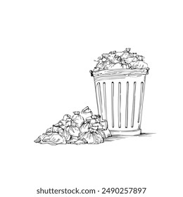 Hand-Drawn Vector Illustration of a Trash Can with Garbage