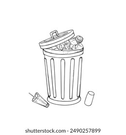 Hand-Drawn Vector Illustration of a Trash Can with Garbage