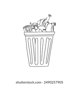 Handgezeichnete Vektorillustration eines Mülleimers mit Müll