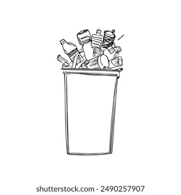 Ilustración vectorial a mano de un cubo de basura con basura