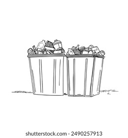 Hand-Drawn Vector Illustration of a Trash Can with Garbage