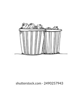 Hand-Drawn Vector Illustration of a Trash Can with Garbage