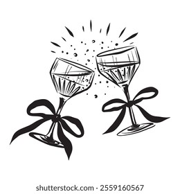 Hand-drawn vector illustration in trendy line art style for 2025, featuring two champagne glasses with bows. Perfect for holiday cards, party invitations, posters, social media, and event branding.