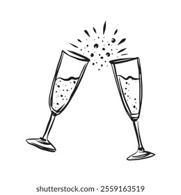 Hand-drawn vector illustration in trendy line art style for 2025, featuring two champagne glasses. Perfect for New Year's cards, party invitations, event branding, posters, and festive decor.