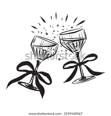 Hand-drawn vector illustration in trendy line art style for 2025, featuring two champagne glasses with bows. Perfect for holiday cards, party invitations, posters, social media, and event branding.