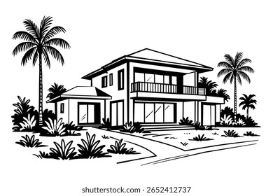 Ilustração vetorial desenhada à mão de uma vila de praia tropical com detalhes arquitetônicos elegantes e exuberantes palmeiras