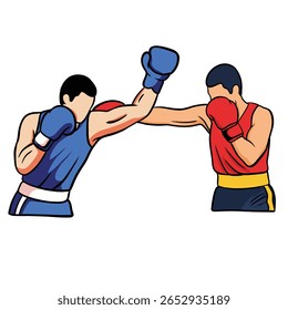 Ilustração vetorial desenhada à mão de dois boxeadores em ação, postura de luta média, capturando o movimento dinâmico e a intensidade do boxe como um esporte de combate. Esboço da cena do duelo atlético.