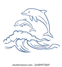 Ilustração vetorial desenhada à mão de dois golfinhos pulando sobre as ondas do oceano. Arte de linha marinha minimalista perfeita para o Dia Mundial dos Golfinhos, design de verão, decoração infantil, impressões com tema de mar