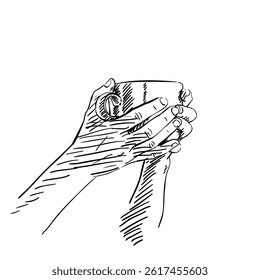 Hand-drawn vector illustration of two hands gently holding a cup. Elegant black and white sketch combining clean outlines with subtle shading. Beverage, hospitality, and cozy lifestyle concepts