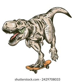 Hand-drawn vector illustration of Tyrannosaurus Rex riding a skateboard.