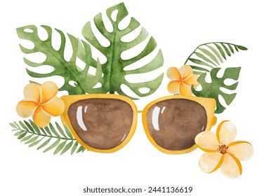 Hand-Drawn Vector Illustration Of A Vacation Theme Featuring Sunglasses With Tropical Leaves And Flowers Clipart On A White Background