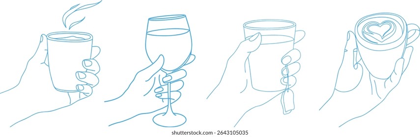 Hand-drawn vector illustration of various drinks held in hands including wine, tea, coffee, and latte art, perfect for branding, beverage packaging, or drink-themed artwork designs.