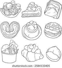 Hand-drawn vector illustration of various pastries and baked goods, including croissants, cakes, bread, muffins, and cookies. Perfect for menus, bakery branding, coloring books, and food designs.