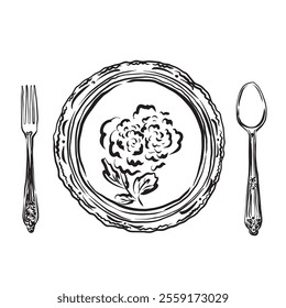 Hand-drawn vector illustration of a vintage plate and cutlery in trendy 2025 line art style. Perfect for restaurant branding, menus, home decor, and vintage-themed designs.