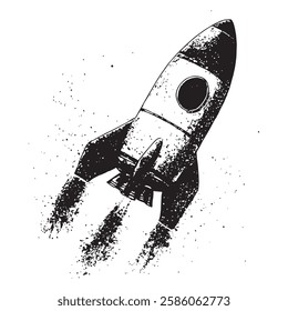 hand-drawn vector illustration of a vintage space rocket launching with a grunge texture. black and white engraving-style artwork, perfect for retro sci-fi and space exploration designs.