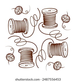 Hand-drawn vector illustration of vintage spools, beads and threads, perfect for sewing and DIY crafting enthusiasts.