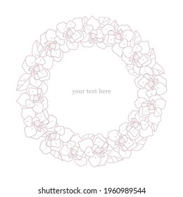Hand-drawn vector illustration in vintage style. Outline drawing of the plant. Round frame with botanical elements. Template design for text. Leaves and tropical flowers. Floral ornamental border.