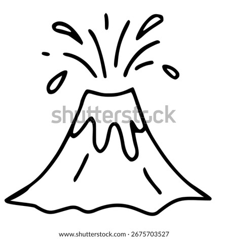Hand-drawn vector illustration of a volcano erupting, featuring a unique, expressive style with bold black lines and simplified shapes, perfect for childrens books or educational materials.