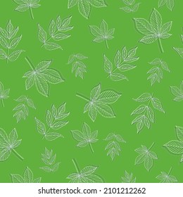 Ilustración vectorial hecha a mano para papel pintado, tela, papel envolvente. Patrón sin brillo con hojas blancas decorativas sobre fondo verde.                           ...