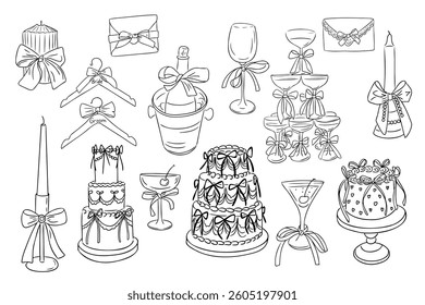 Hand-drawn vector illustration of wedding items decorated with elegant bows, including cakes, candles, glasses, and envelopes. Perfect for wedding invitations, decor designs, and celebration concepts