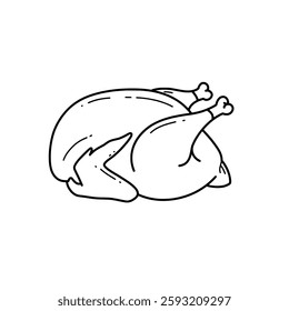 Hand-drawn vector illustration of a whole roasted turkey or chicken in outline style. Great for food labels, menus, and restaurant branding