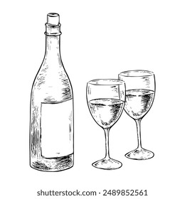 Hand-drawn Vector Illustration of Wine Bottle and Glasses