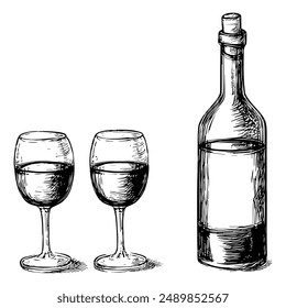 Hand-drawn Vector Illustration of Wine Bottle and Glasses