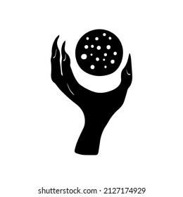 
Hand-drawn vector illustration of witch hand with magic crystal ball Mystic hand with sharp nails in doodle style.Prediction.Divination.Isolated elements on white background.