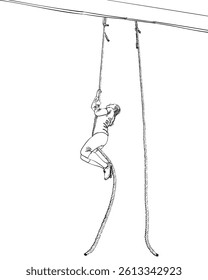 Hand-drawn vector illustration of a woman climbing a rope. Clean black and white line art without shading, showcasing strength and endurance. Ideal for fitness, training, sports motivation concepts