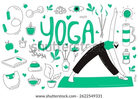 Hand-drawn vector illustration of a woman doing yoga surrounded by wellness elements like tea, candles, leaves, and gym equipment. Ideal for healthy lifestyle and mindfulness themes.
