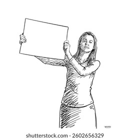 Hand-drawn vector illustration of a woman holding a blank protest sign. Black and white sketch with expressive lines, isolated on a white background. For activism, demonstration, and message concepts