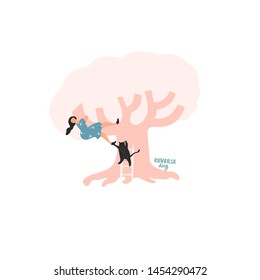Handdrawn vector illustration - woman&cat changed places. A funny card or poster.