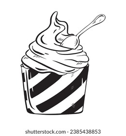 Hand-drawn vector illustration. Yogurt in a striped cup with a wafer straw - a summer delight. Light and nutritious ice cream. Delicious pleasure. for menus decorating shops, cafes and restaurants