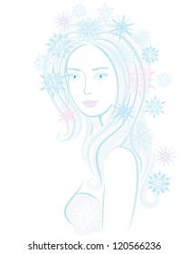 Hand-drawn vector illustration of young beautiful girl with snowflakes in her hair