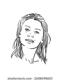 Hand-drawn vector illustration of young woman’s face with slight smile. Black and white minimalistic line art portrait, isolated on white background. Perfect for beauty, emotions, and lifestyle themes