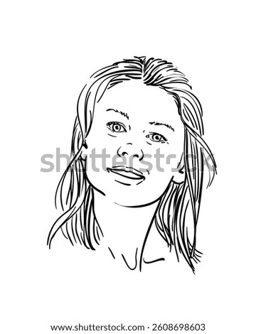 Hand-drawn vector illustration of young woman’s face with slight smile. Black and white minimalistic line art portrait, isolated on white background. Perfect for beauty, emotions, and lifestyle themes