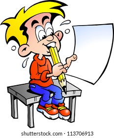Hand-drawn Vector illustration of a young school boy sitting at a desk with a paper in his hand