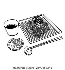 Hand-drawn vector illustration of Zaru Soba, cold Japanese buckwheat noodles served on a bamboo tray. This black and white line art depicts the dish with a dipping sauce cup, nori seaweed, and chopsti