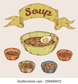 Hand-drawn vector illustrations. Asian cuisine, soup