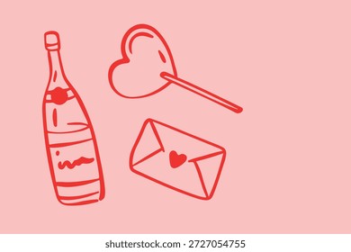Hand-drawn vector illustrations for Valentine’s Day, including desserts, drinks, candles, hearts, and romantic icons.