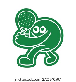 handgezeichnete Vektorgrafiken mit einem fröhlichen, abgerundeten fleckenartigen Charakter in einem lebendigen Kunststil mit grüner und weißer Linie. Der Charakter, der aktiv Padel oder Pickleball spielt und ein perforiertes Paddel oder einen Schläger hält.Dieser niedliche, minimalistische Doodle-Stil ist ideal für Sport-Branding, Merchandise, Social-Media-Grafiken, Fitness-Promotion oder jedes Projekt, das ein spielerisches und ermutigendes Maskottchen benötigt.