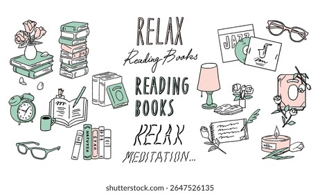Hand-drawn vector illustrations of relaxing reading a book, time to unwind, etc.