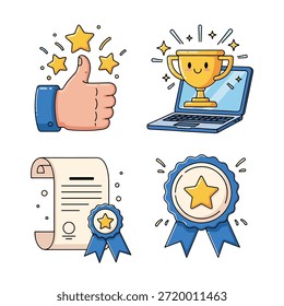 Hand-drawn vector illustrations representing positive feedback, quality, and accomplishment, featuring a like gesture, trophy on laptop, diploma, and award badge.