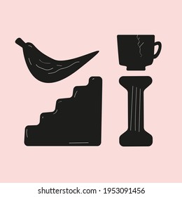 Hand-drawn vector illustrations set. Banana, cup, stairs, column. Made in antique Greek style. Abstract and aesthetic for social media, design, art, tattoo, poster, wall art.