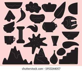 Hand-drawn vector illustrations set. Banana, cups, flowers, columns, mountains, bird Made in antique Greek antient style. Abstract and aesthetic for social media, design, art, tattoo, poster, wall art