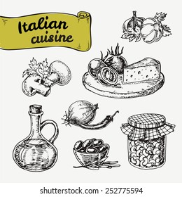 Hand-drawn vector illustrations. Set of national Italian food