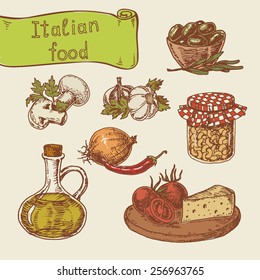 Hand-drawn vector illustrations. Set of national Italian food